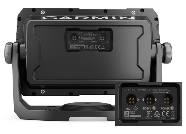 Rear view and connections of a Garmin Striker Vivid 5cv