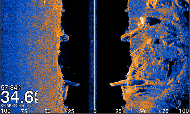 SideVü sonar image showing bottom relief on Garmin Striker Vivid