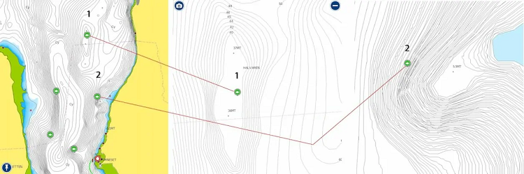 Original fishing map diagram with a legend and graduated depth zones